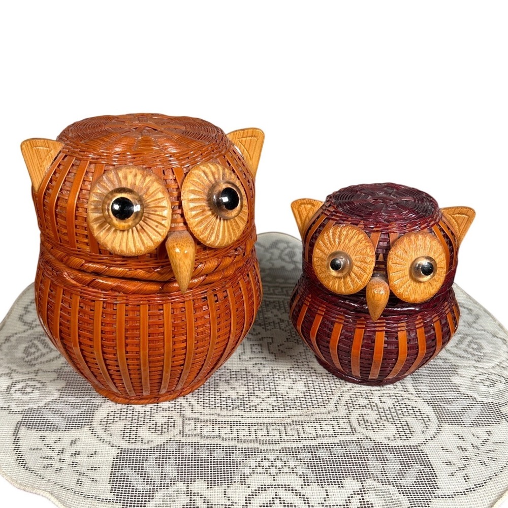 Vintage Woven Wicker Bamboo Owl Nesting Baskets Trinket Boxes Boho Decor Set/2